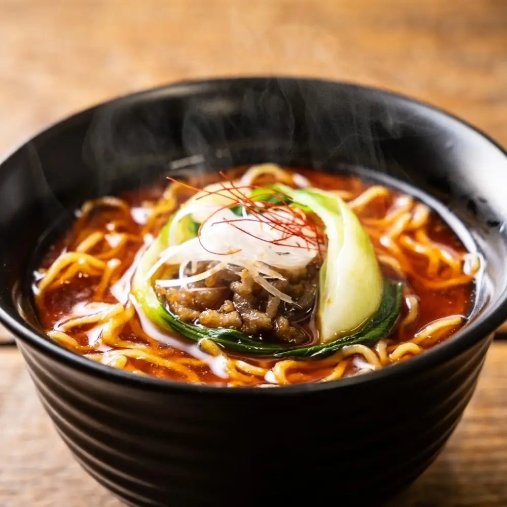人気の秘密は、こだわりのラー油と胡麻でつくるスープ。本格四川料理店で修業した店主がつくる王道担々麺。華実苑の担々麺。