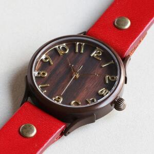 ナチュラルウッド【黒檀こくたん】で作る文字盤が魅力的なハンドメイドウォッチ Lサイズ W1 ベルトカラー：赤 WB045L W1-赤 腕時計