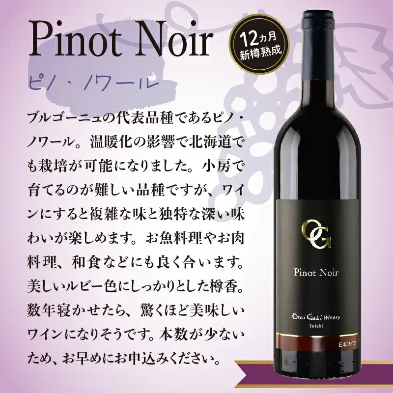 余市町産ぶどうを使用した 赤ワイン ピノ･ノワール 750ml OcciGabi Winery 北海道 余市 ぶどう お酒 ワイン 葡萄酒 果実酒 複雑な味 深い味わい お魚料理 お肉料理 和食 お取り寄せ _Y012-0108