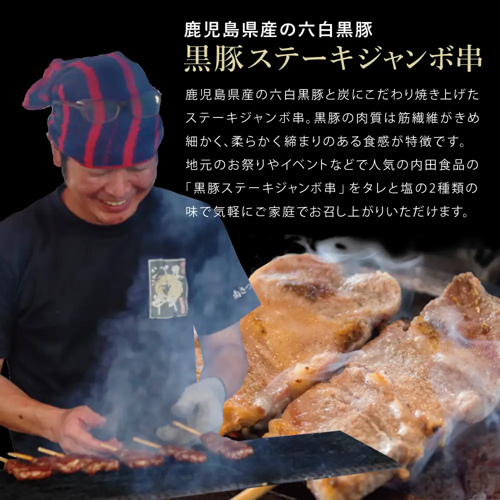 【鹿児島県産】六白黒豚のステーキジャンボ串 計5本（タレ×3本・塩×2本）  おかず 簡単調理 ご自宅用 おつまみ バーベキュー BBQ 冷蔵 南さつま市