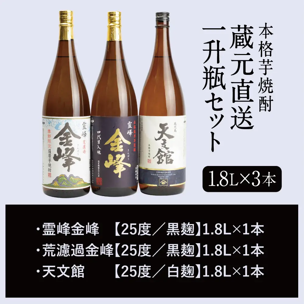 【2022 酒類鑑評会優等賞】宇都酒造 本格芋焼酎 1.8L×3本（霊峰金峰／荒濾過金峰／天文館） 芋焼酎 飲み比べ セット ハイボール お酒 ロック 水割り お湯割り ギフト 贈答 南さつま市