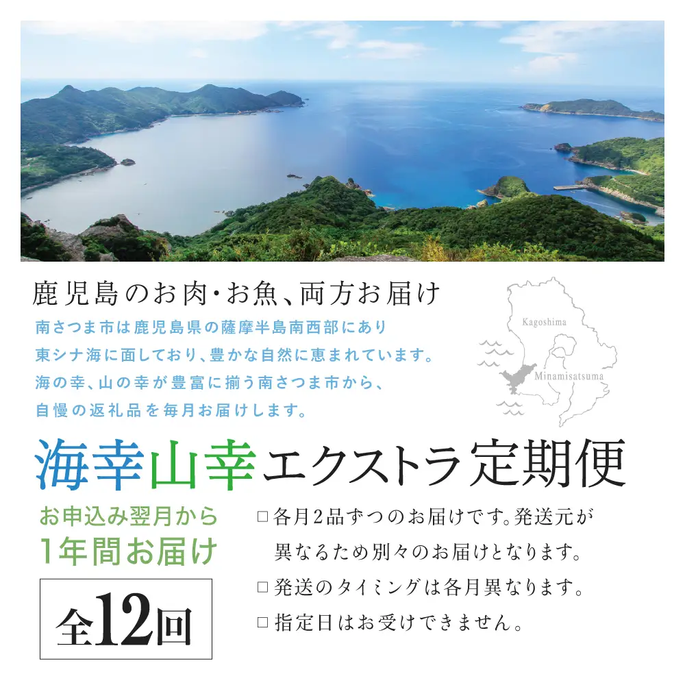 【定期便】海幸山幸 エクストラ厳選 定期便（全12回） お肉 お魚 豚肉 牛肉 黒豚 鹿児島黒牛 すき焼き サーロイン ステーキ しゃぶしゃぶ 角煮 鰻 蒲焼 刺身用 たかえび 薩摩甘えび 海老 マグロ さつま揚げ 焼豚 ハム レトルト ハンバーグ 出汁 鰹節