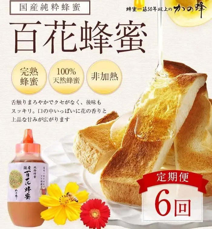 【全6回】 定期便 かの蜂 国産 百花蜂蜜 合計6kg（とんがり容器1kgを毎月1本お届け） 純粋はちみつ ハチミツ 非加熱 ハニー 大容量 定期便 美容 健康 自然食品 福岡県 024-T004