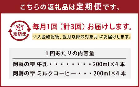 【3回定期便】阿蘇の雫 牛乳 ミルクコーヒー 200ml×各4本 セット 合計24本 合計1.6L×3回 生乳100％使用