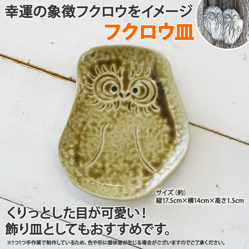 1829. 職人 手作り フクロウ 皿 平皿 プレート ふくろう 福ろう 梟 モチーフ 食器 かわいい 工芸品 民芸品 陶芸 焼き物 川湯温泉 送料無料 北海道 弟子屈町 5000円