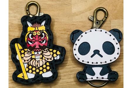 ヤブ＆zooパンダ レザーキーホルダーセット 一点もの 革 キーリング レディース メンズ 鍵 バッグチャーム ストラップ 革小物 かわいい 動物 キャラクター ギフト プレゼント 送料無料 ku022-007-r