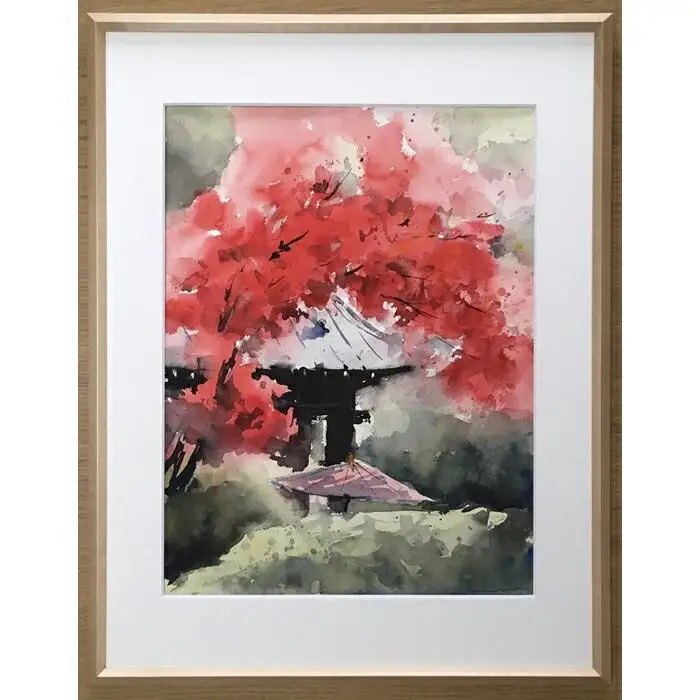 【紅（海蔵寺）】鎌倉の風景水彩画[A４サイズ複製・額付]