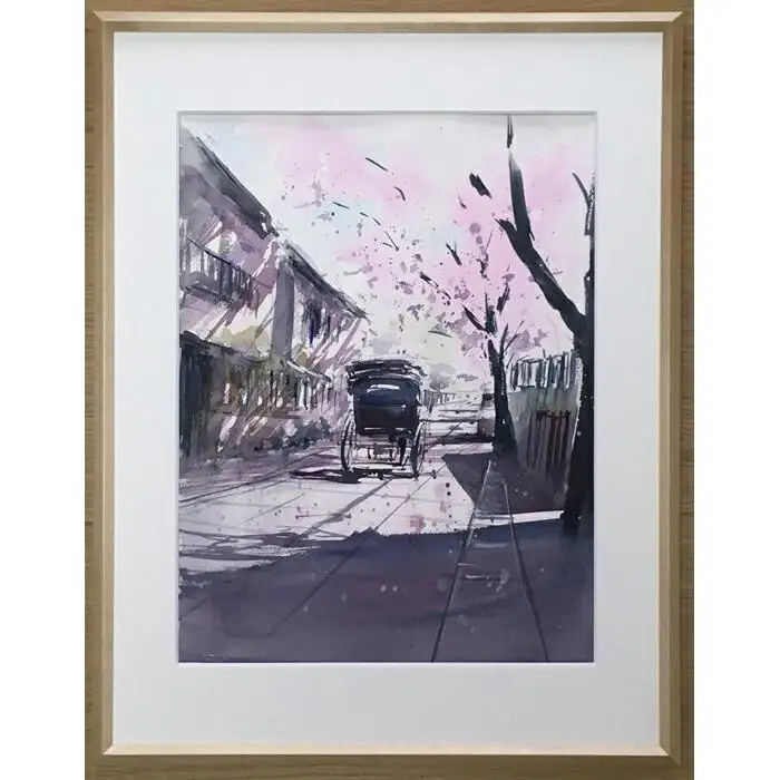 【桜舞う（鎌倉幕府跡）】鎌倉の風景水彩画[A４サイズ複製・額付]