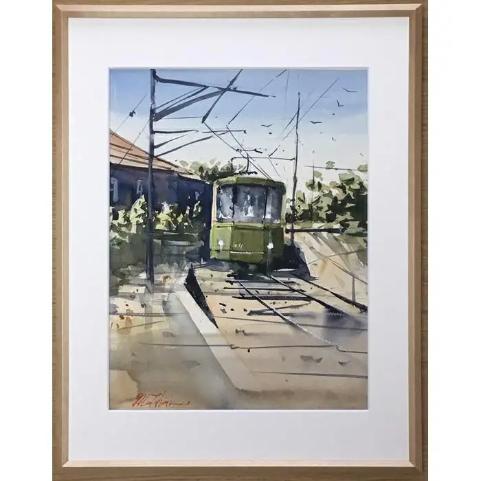 【風を切って（腰越）】鎌倉の風景水彩画[A４サイズ複製・額付]