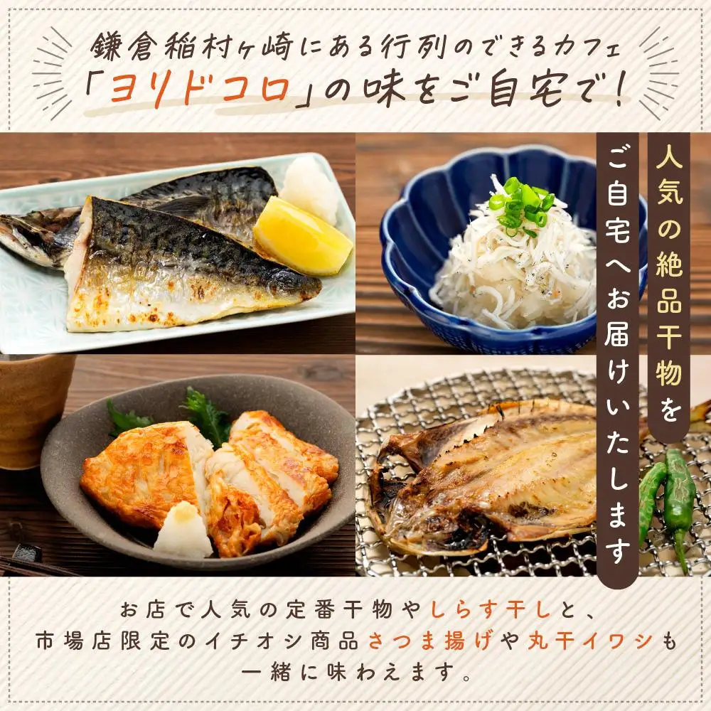 干物カフェ　ヨリドコロ 絶品干物セット ～Beach～ ｜ 干物 ひもの カルシウム 乾物 あじ さば しらす さつま揚げ 自家製 ごはん ご飯 お供 ご飯のお供 おつまみ 小魚 海鮮 冷凍 冷凍便 送料無料 神奈川 鎌倉 干物