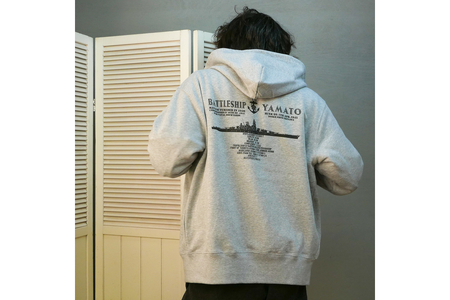 ジップアップパーカー【戦艦大和(背中横姿)】（ミックスグレー） Mサイズ 黒 black BLACK オリジナル ジッパー チャック 戦艦 大和 海軍 大人 日本製 広島県 呉市 ku091-056-m-r