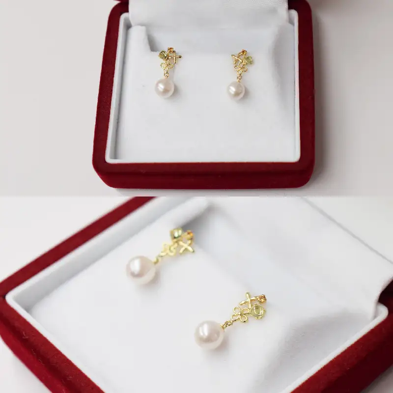 S085-304_5.5mm - 6mm K18YG シトリン ペリドット ピアス 半貴石 真珠 ピアス ホワイトピンク 花珠級 ベビーパール 【K18YG】