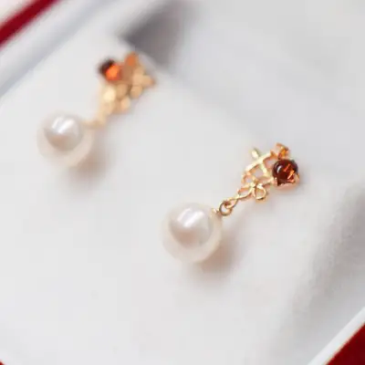 S085-305_5.5mm - 6mm PG シトリン ロードライトガーネット ピアス 半貴石 真珠 ピアス ホワイトピンク 花珠級 ベビーパール 【K18PG】