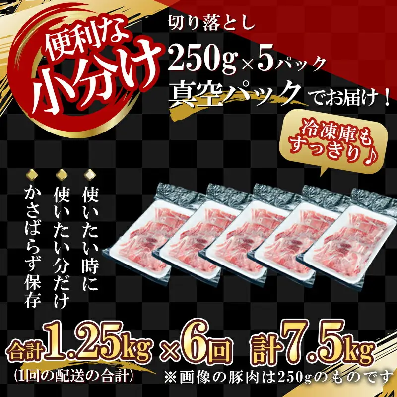 【定期便全6回】【農場直送】真空パック　北海道産　北島ワインポーク　切り落とし　1.25kg　総量7.5kg【小分け】【余市のブランド豚肉】　ワインで育てた豚　余市産豚肉　北海道産豚肉　国産豚肉　小分け豚肉　安心安全豚肉 北島豚 _Y067-0063