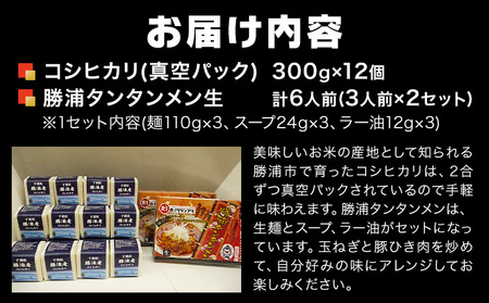 勝浦産 コシヒカリ (真空パック) 300g × 12個 と 勝浦タンタンメン 生3人前 × 2セット 御門商店 (有限会社 岩瀬竹次郎商店) 【配送不可地域あり】 《90日以内に出荷予定(土日祝除く)》千葉県 勝浦市 米 こしひかり タンタンメン 担々麺