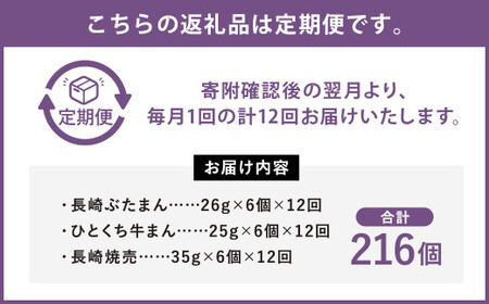 【12ヶ月定期便】 長崎 バラエティ 詰合せ 3種 計18個 ×12回 ぶたまん しゅうまい 牛まん【FT12】