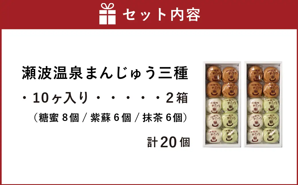 出来たてをお届け！老舗　瀬波温泉まんじゅう三種(糖蜜・紫蘇・抹茶)計10ケ入×2箱セット A4219