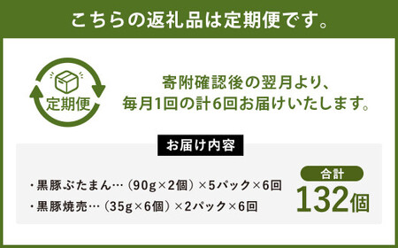 【6ヶ月定期便】 九州産 黒豚セット 2種 22個 ×6回 【FT13】 ぶたまん 焼売 パック 豚肉