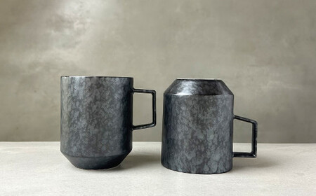 有田焼 80カットマグ 黒サビ絞りマット マグカップ ペア【金善製陶所】シンプル 食器 ブラック スタイリッシュ A26-11