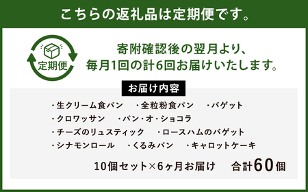 【6ヶ月定期便】konaの日々のパン 10個セット 10種 詰め合わせ ブレッド 食パン クロワッサン シナモンロール くるみパン キャロットケーキ リュスティック パン・オ・ショコラ