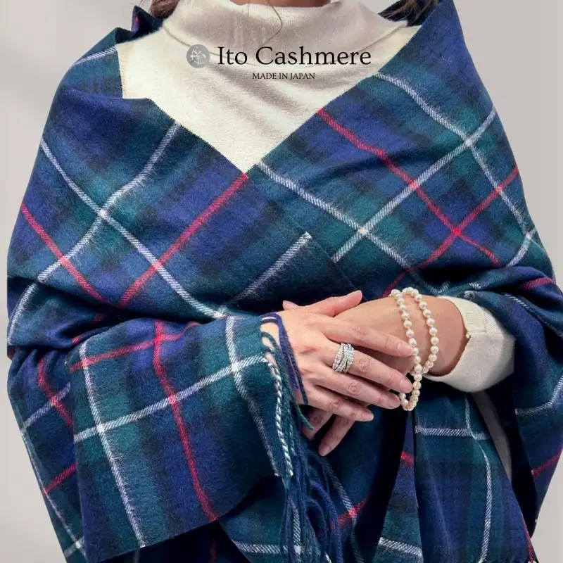 【100％ピュアカシミヤ】大判ストール フリンジ付き チェック柄 Tartan