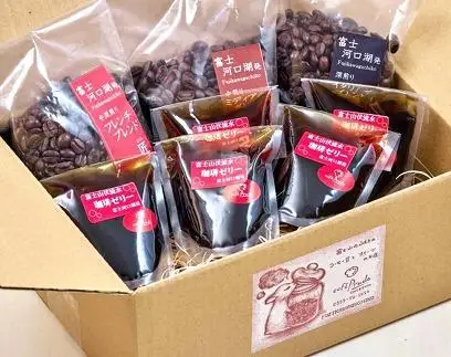 富士山の伏流水で作った極みコーヒーゼリー6個とバッハ直系店主のブレンドコーヒー（120g×3種）セット（豆）