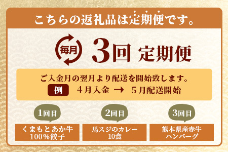 【定期便3回】惣菜バラエティ定期便＜餃子・カレー・ハンバーグ＞ 【 毎月届く 3ヶ月 黒毛和牛 牛肉 ばさし 熊本県 多良木町 定期配送 】 092-0012