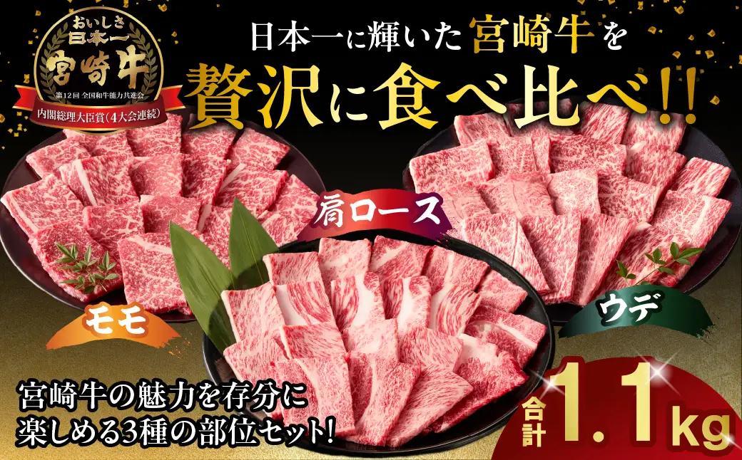 宮崎牛 焼肉 食べ比べ セット 1.1kg 牛肉 肉 国産 焼き肉 スライス 小分け 赤身 ブランド牛 ギフト 贈り物 九州 宮崎 霜降り 赤身_A0001-064