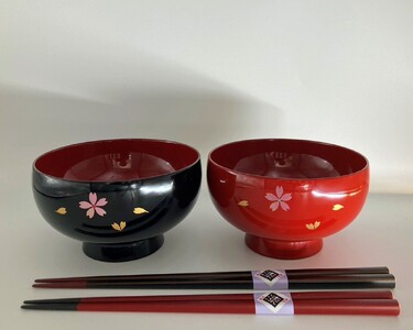川連漆器 福汁椀 夫婦桜 塗分け箸セット【秋田県漆器工業協同組合】[H5-5401]