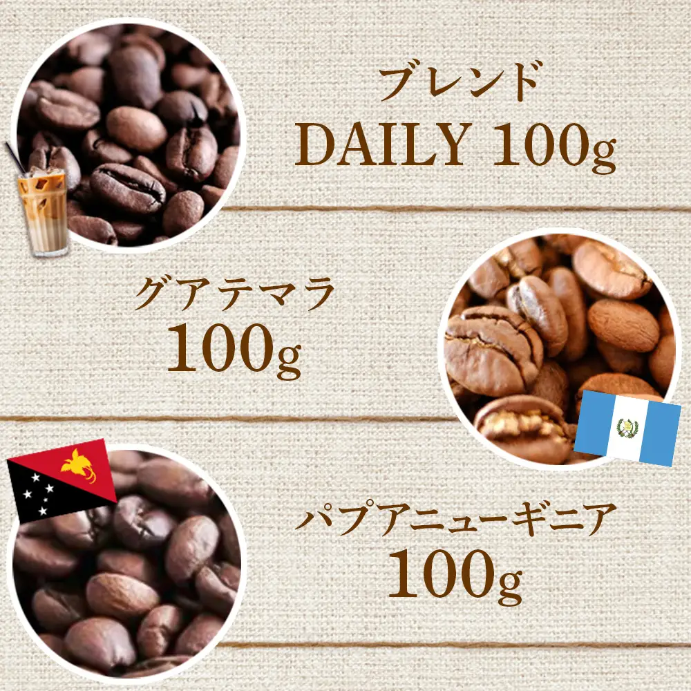 ONUKI COFFEEマイルド100g（豆）×3種（DAILY・パプアニューギニア・グアテマラ）【2700202】