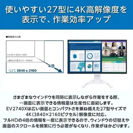 【国内生産】EIZO 高精細 27型4Kモニター FlexScan EV2740X ホワイト_液晶 モニター パソコン pcモニター ゲーミングモニター USB Type-C_【1402134】