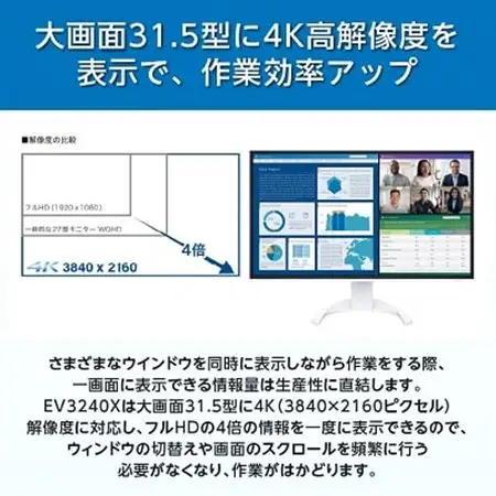 【国内生産】EIZO 31.5型4K液晶モニター FlexScan EV3240X ブラック_液晶 モニター パソコン pcモニター ゲーミングモニター USB Type-C_【1402135】