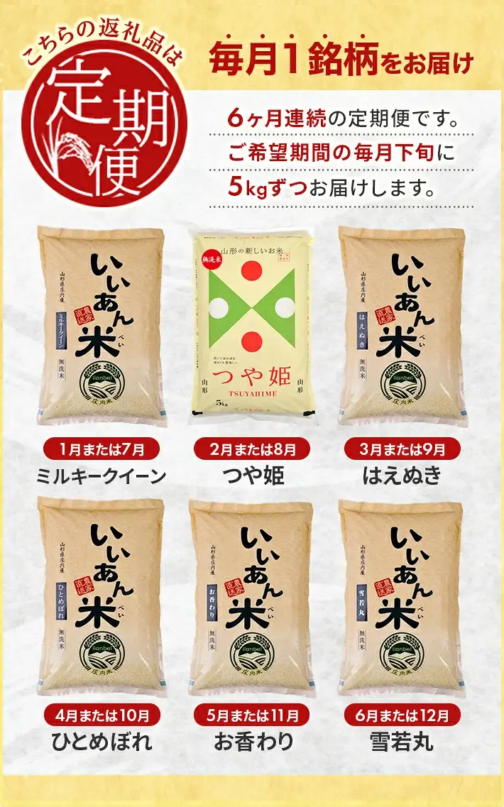 SG0174　【6回定期便】無洗米 6銘柄食べ比べ　5kg×6回(計30kg)　ミルキークイーン、つや姫、はえぬき、ひとめぼれ、お香わり、雪若丸 AG