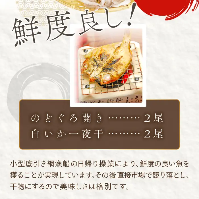 ノドグロ・白イカ一夜干セット【干物セット のどぐろ一夜干し いか 一夜干し のどぐろ干物 2尾 1尾あたり120～140g 白イカ干物 2尾 1尾あたり約70～80g 島根県産 大田市産 ノドグロ しろいか 干物 真空パック 冷凍 贈答 ギフト】