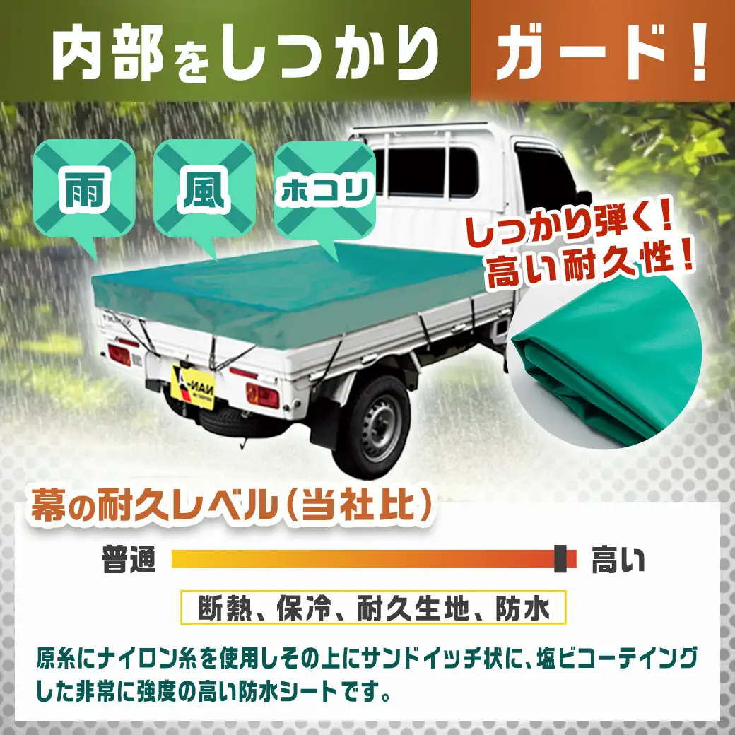 トラックシート TS-10 TSG(グリーン)≪軽トラック用≫〔14-J401〕_(都城市) 防水機能 強度抜群 軽トラック用 トラックシート ゴムバンド付 ターポリン生地 保冷機能 断熱 耐久性