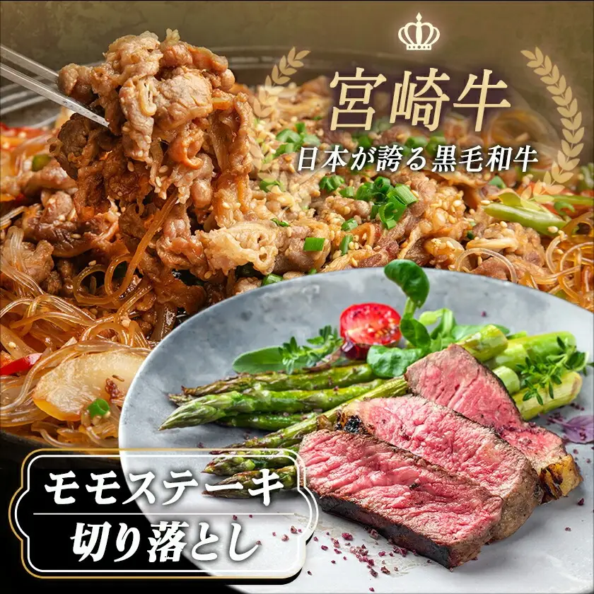 宮崎牛モモステーキ・切り落とし600gセット〔MJ-2510〕_(都城市) 都城産 宮崎牛 牛肉セット 牛モモステーキ用 100g×3枚 牛切り落とし 300g×1パック 赤身肉 牛ステーキ肉 牛切落し