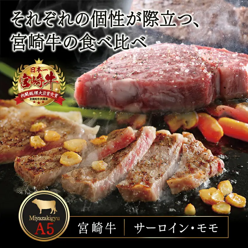 宮崎牛(A5)ステーキ食べ比べ300g〔AC-01-004〕_(都城市) サーロインステーキ200g×1枚 モモステーキ100g×1枚 合計2枚 国産黒毛和牛 最高ランク5等級 牛肉 おかず やわらかい あっさり ギフト 贈答用