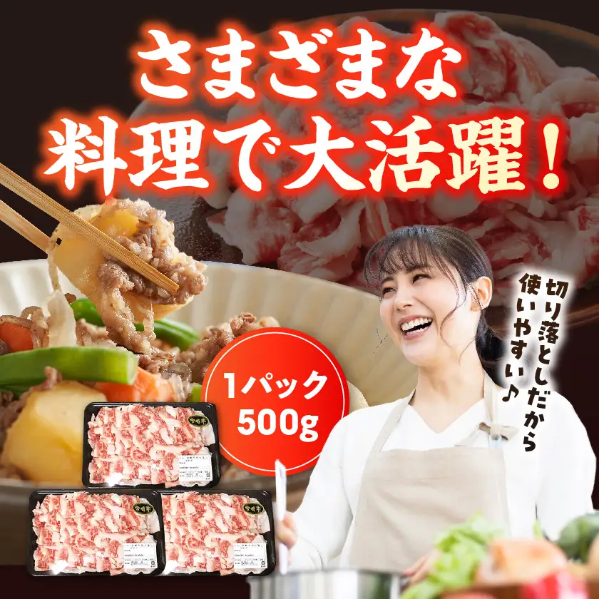 宮崎牛切り落とし1.5kg〔AC-84-008〕_(都城市) 国産ブランド牛 A4ランク(4等級) 牛切り落とし肉(500g×3パック) 便利な小分けパック 合計1.5キロ すき焼き/牛丼/カレー/炒めもの 株式会社一真