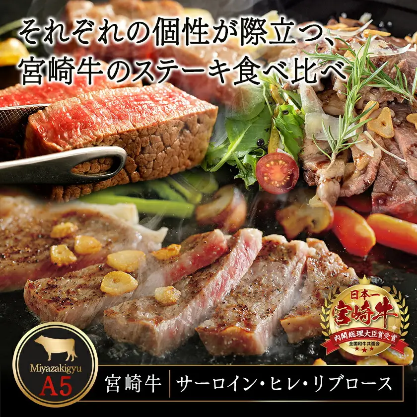 総重量1,200g！都城産宮崎牛ステーキ食べ比べセット〔MM-0101〕_(都城市) 牛肉 A5ランク サーロインステーキ 200g×2枚 ヒレステーキ 100g×2枚 リブロースステーキ 300g×2枚 ギフト 贈答用