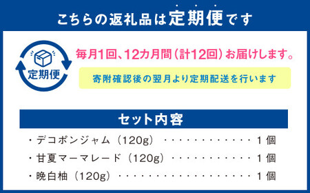 【12ヶ月定期便】熊本みかんのジャムセット(120g×3個)×12回 ジャム 果物 フルーツ 3種類 デコポン 甘夏 晩白柚