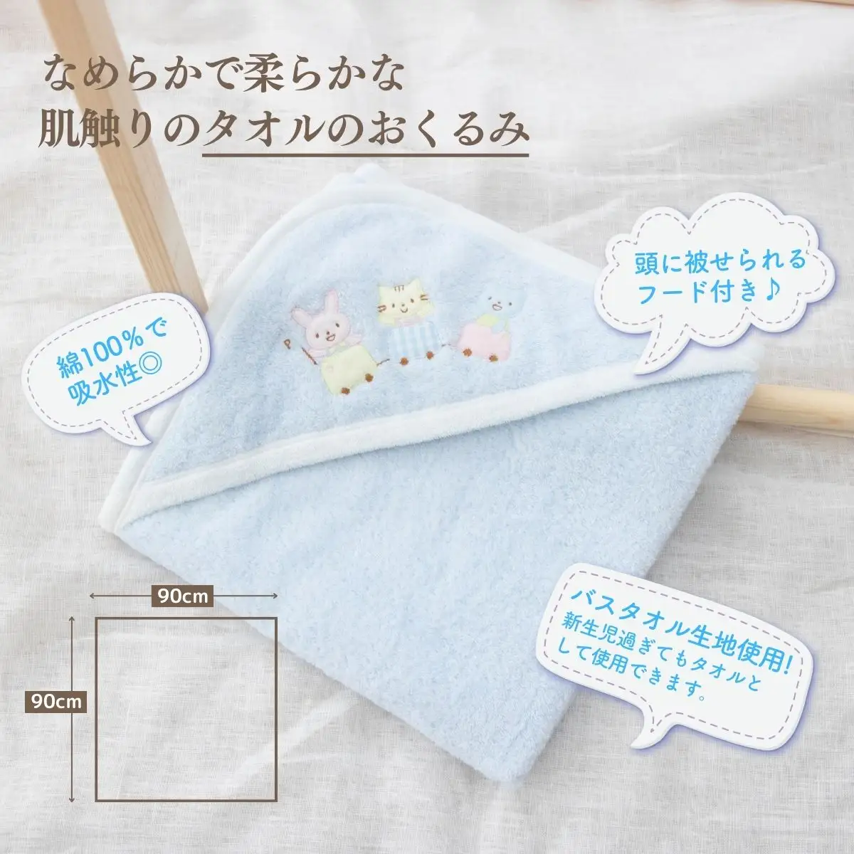赤ちゃんのためのお風呂6点セット［アイシーブルー］おくるみ フード付き ガーゼタオル 沐浴ガーゼ ハンカチ タオル バスタオル ガーゼセット ベビータオル お風呂 赤ちゃん用品 沐浴 お風呂セット ベビーグッズ ベビー用品 赤ちゃん ベビー _Tk032-023