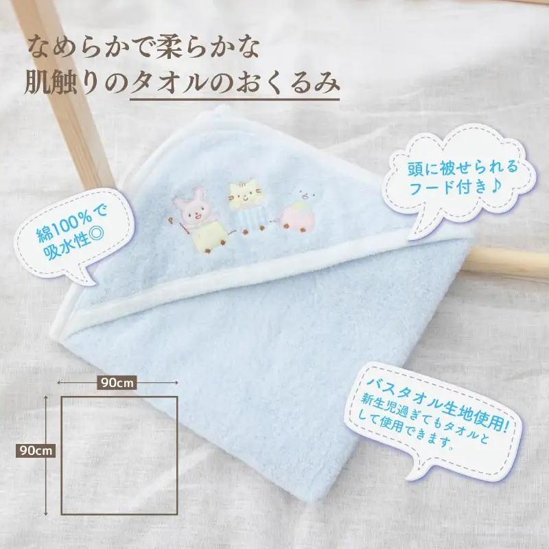赤ちゃんに優しいおくるみ・ハンカチセット［ブルー］おくるみ フード付き  ガーゼ ハンカチ 沐浴 授乳  タオル ベビー用品 赤ちゃん用品 ベビーグッズ 赤ちゃんグッズ 赤ちゃん ベビー  贈り物 ギフト 国産 日本製 _Tk032-030