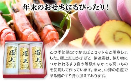 【先行予約】丸善かまぼこ (紅白・伊達巻) 極上3本セット | 年末 正月 おせち 年内配送 練り物 鱧 はも ハモ 手作り 蒲鉾 だて巻 ギフト 贈答 詰め合わせ 大分県産 九州産 中津市