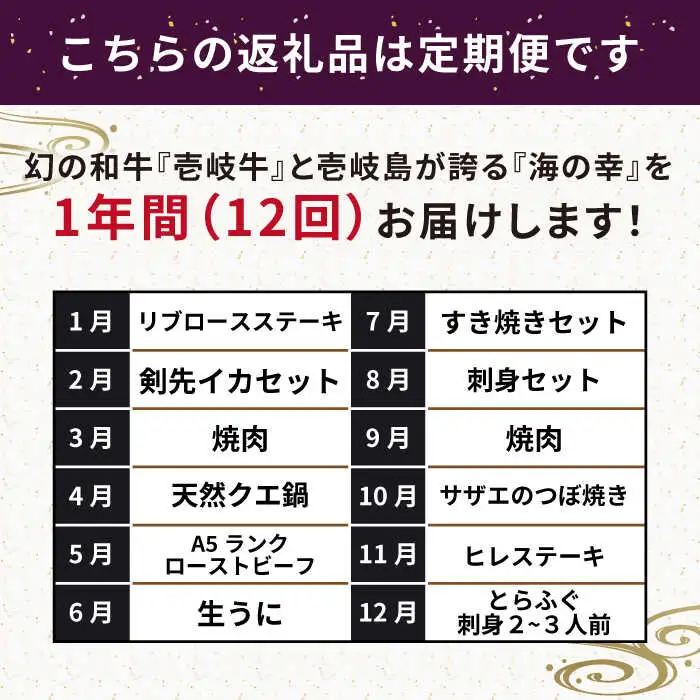 【全12回定期便】壱岐島 海産物＆壱岐牛 ギョギョギョ＆ギュギュギュ 定期便 《壱岐市》  ステーキ 焼肉 しゃぶしゃぶ すき焼き 赤身 海産物 刺身 ウニ [JZX012]