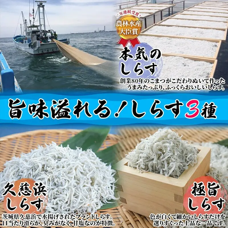 こまつ　しらす厳選セット シラス 本気のシラス 釜揚げ ちりめん 山椒 しらす丼 魚 魚介 海の幸 グルメ 人気 ギフト 贈り物 贈答品 食べ比べ 送料無料 小松水産 茨城県 日立市
