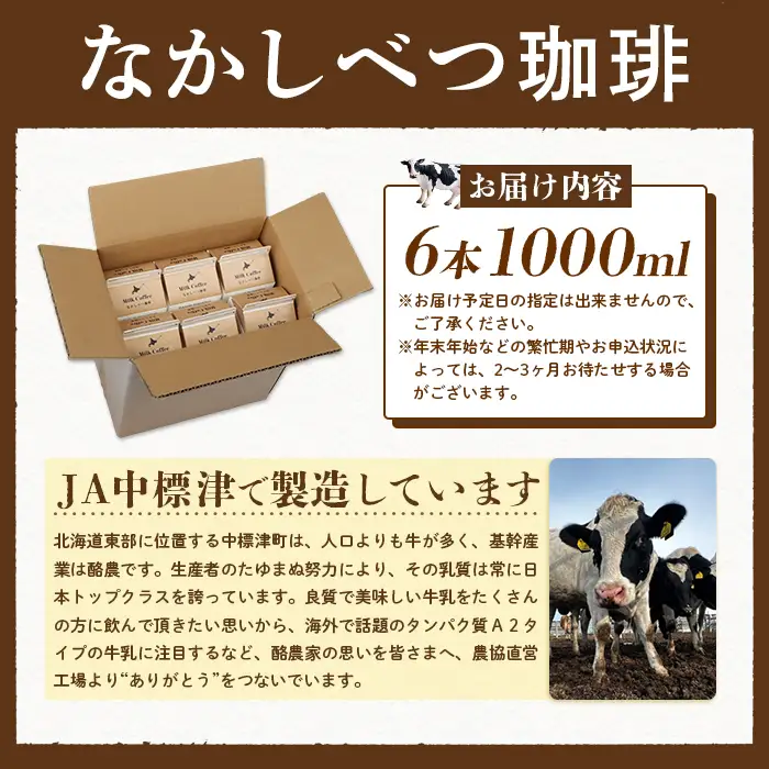 北海道なかしべつ珈琲 1L×６本 コーヒー牛乳 コーヒー 珈琲 牛乳 ミルク 乳製品 乳飲 朝食 お取り寄せ ふるさと納税 北海道 中標津町 中標津【1402202】