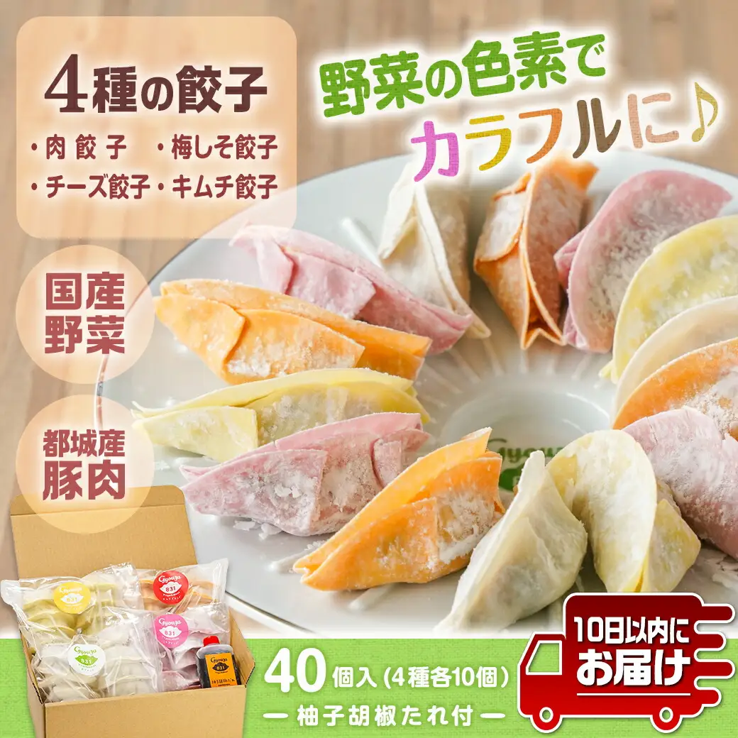 カラフル冷凍生餃子 食べ比べセット4種合計40個★肉・梅しそ・チーズ・キムチ★ ≪みやこんじょ特急便≫〔LG-K601-Q〕_(都城市) 肉餃子 都城産豚肉使用 合計40個 4種類 柚子胡椒たれ付