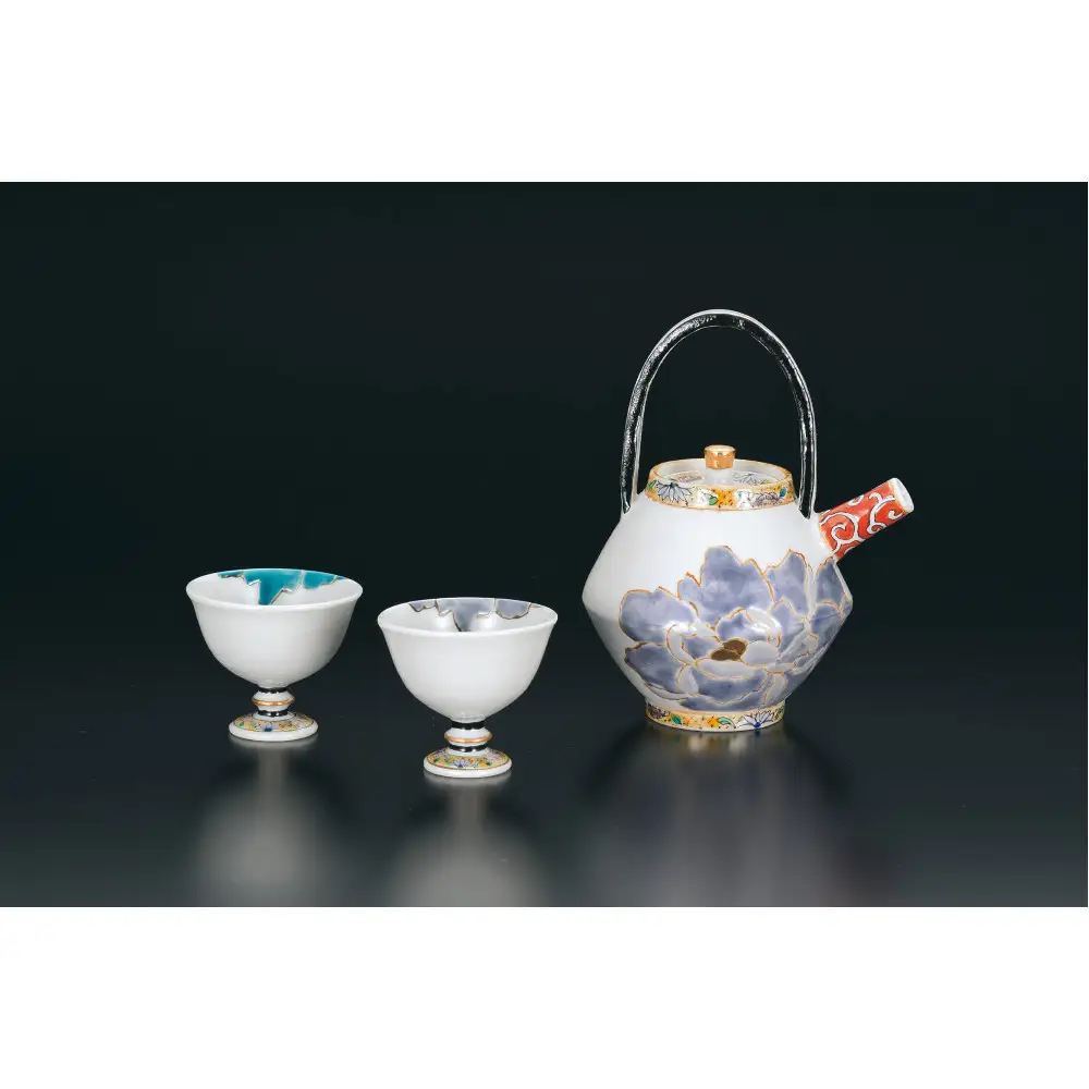 酒器揃　碧紫牡丹図　佐藤剛志 民芸品 工芸品 雑貨 日用品 徳利 お猪口 鮮やか