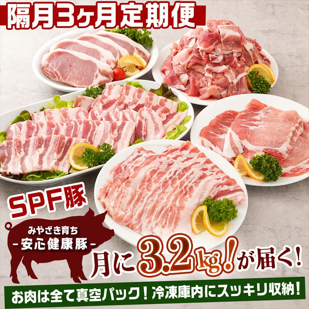 ≪隔月3回お届け≫「宮崎SPF豚」日替わりバラエティセット定期便〔T48-3-K902〕_(都城市) 宮崎県産豚 小間切れ ロース 肩ローススライス バラ ステーキ 焼肉 しゃぶしゃぶ 真空