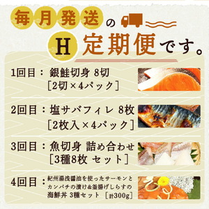 【定期便 全4回】魚鶴商店が選ぶ人気お魚H(銀鮭切身・サバフィレ・魚切身・海鮮漬)_G60-T39